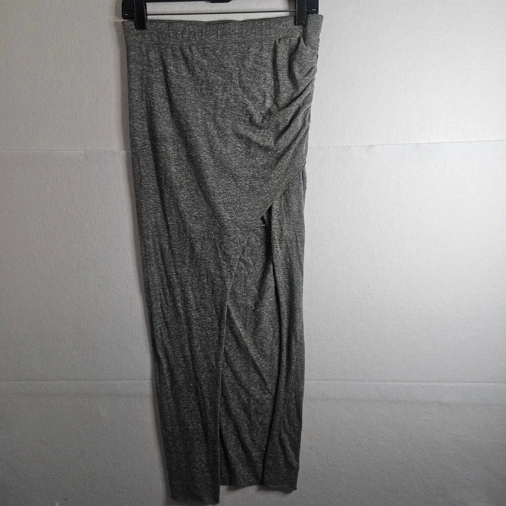 Pam & Gela Gray Ruched Maxi Skirt Heathered Jersey Wrap Front Slit Size P XS